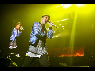 Jacob Hoggard, lead singer of Hedley and the band perform at the Scotiabank Saddledome in Calgary, Ab., on Friday May 13, 2016. Mike Drew/Postmedia