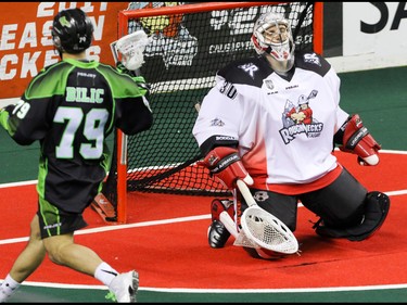 Calgary Roughnecks goalie Mike Poulin looks up after a goal as Saskatchewan Rush Nik Bilic runs by in NLL action at the Scotiabank Saddledome in Calgary, Alta. on Saturday May 14, 2016. Mike Drew/Postmedia