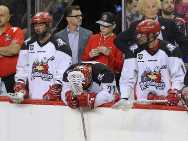No joy on the Calgary Roughnecks bench as Reilly O'Connor, Jeff Shattler and Wesley Berg suffer their defeat by the Saskatchewan Rush in NLL action at the Scotiabank Saddledome in Calgary, Alta. on Saturday, May 14, 2016. The Rush beat the Roughnecks 16-10. Mike Drew/Postmedia