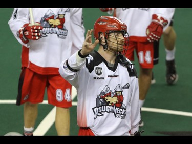 Calgary Roughnecks Curtis Dickson dejectedly waves to the crowd after their defeat by the Saskatchewan Rush in NLL action at the Scotiabank Saddledome in Calgary, Alta. on Saturday, May 14, 2016. The Rush beat the Roughnecks 16-10. Mike Drew/Postmedia