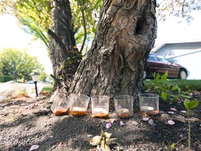 A small memorial remains at a house on Butler Crescent N.W. in Calgary. A trial for the man accused of killing five people in the home two years ago begins May 16.