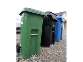 A green compost cart is lined up for pickup with black garbage and blue recycling containers.