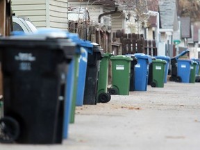 City garbage, recycling and composting boxes are lined up in Abbeydale.