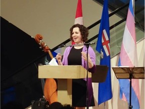 Amelia Marie Newbert speaks at the Trans Day of Visibility event in Calgary.