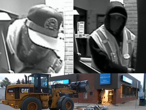 RCMP in Rocky Mountain House released these surveillance photos of two suspects in connection who used a stolen front end loader to crash into a bank and remove an ATM on May 5, 2016.