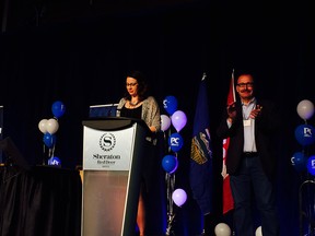 Outgoing party president Terri Beaupre and interim leader Ric McIver speak at the Progressive Conservative party's annual general meeting in Red Deer Saturday, May 7, 2016.
