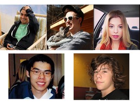 Brentwood victims (clockwise from top left) Jordan Segura, Josh Hunter, Kaitlin Perras, Zackariah Rathwell and Lawrence Hong.