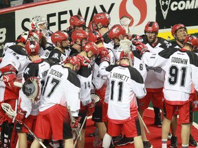 The Calgary Roughnecks gather before facing the Toronto Rock during National Lacrosse league action at the Scotiabank Saddledome on Saturday, April 30, 2016.