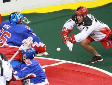The Calgary Roughnecks' Jeff Shattler scores on Toronto Rock goalie Nick Rose during National Lacrosse league action at the Scotiabank Saddledome on Saturday, April 30, 2016.