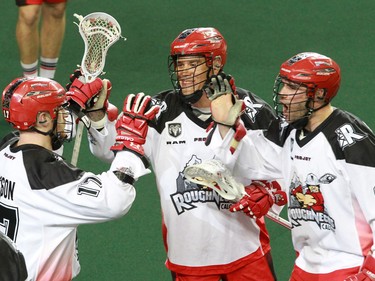 The Calgary Roughnecks' celebrate Curtis Dickson's goal  on the Toronto Rock during National Lacrosse league action at the Scotiabank Saddledome on Saturday, April 30, 2016. The goal was later called back after a video review.