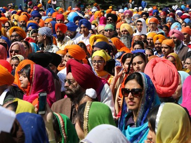 Thousands of Calgarians take part in the Nagar Kirtan parade in Martindale on Saturday, May 14, 2016. The Nagar Kirtan is a Sikh tradition in which the procession sings hymns and hands out food as they walk through the community.