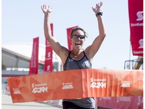 Andrea Glover wins the women's portion of the Calgary Marathon at the Stampede Grounds in Calgary, Alta., on Sunday, May 29, 2016. There were 5k, 10k, 21.1k, 42.2k and 50k distances in the race, including the half-marathon national championships. Lyle Aspinall/Postmedia Network