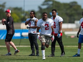 RB Roy Finch, #2, of the Calgary Stampeders practices during mini camp at IMG Academy in Bradenton, Fla., on April 17, 2015.