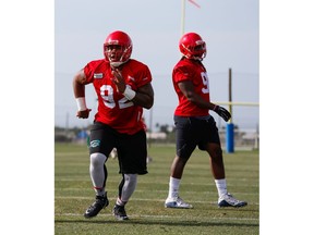 BRADENTON, FL - APRIL 17:  DT Quayshawne Buckley, 92, of the Calgary Stampeders practices during mini camp at IMG Academy in Bradenton, Fla., on April 17, 2015 in Bradenton, Florida.