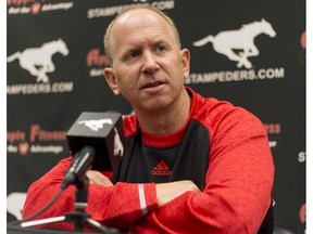 Calgary Stampeders new head coach Dave Dickenson speaks with media at McMahon Stadium in Calgary, Alta., on Tuesday, May 24, 2016. It was his first formal press conference of the season; training camp begins in two days. Lyle Aspinall/Postmedia Network