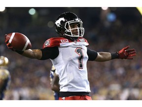 Calgary Stampeders receiver Lemar Durant celebrates his touchdown catch against the Winnipeg Blue Bombers during CFL action at Investors Group Field in Winnipeg on Fri., Sept. 25, 2015. (Kevin King)