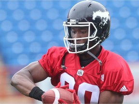 Calgary Stampeders receiver hopeful Matthew Norzil hauls in a throw during the team's rookie camp Friday May 27, 2016. The main camp opens Sunday. (Ted Rhodes/Postmedia)