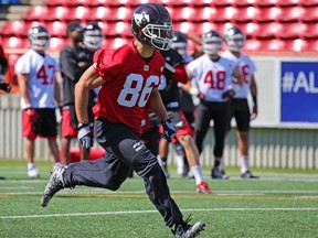 Wide receiver Anthony Parker runs up field during a drill at the opening day of the Calgary Stampeders training camp at McMahon Stadium on Sunday May 29, 2016. Gavin Young/Postmedia