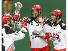 The Calgary Roughnecks' celebrate Curtis Dickson's goal  on the Toronto Rock during National Lacrosse league action at the Scotiabank Saddledome on Saturday, April 30, 2016. The goal was later called back after a video review. GAVIN YOUNG/POSTMEDIA