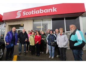 Residents of Mayland Heights are upset over the looming closure of their neighbourhood Scotiabank. They gathered outside the branch on Thursday, May 12, 2016.