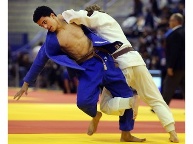 Ismail Alkhatib, front,  battles Vincent Desroches of Quebec during his win in the in the under 18 55 kilogram category at the Canadian Open Judo Championships Friday May 13, 2016 at the Olympic Oval.