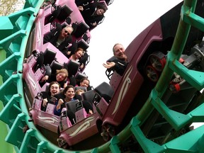 Calgary Herald CALGARY, AB -- MAY 17, 2015 -- Riders screamed as they rode on the Vortex  while braving the cool morning temperatures to hit the rides during the opening weekend of Calaway Park on May 17, 2015.