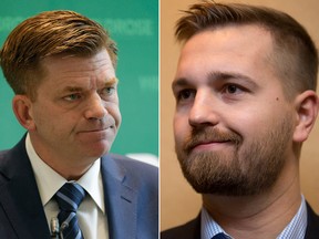 On the left, Wildrose leader Brian Jean. On the right: MLA Derek Fildebrandt