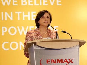 Enmax president and CEO Gianna Manes speaks during the company's annual general meeting in Calgary on May 19, 2016.