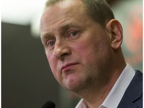 Calgary Flames general manager Brad Treliving speaks to media at the Scotiabank Saddledome in Calgary, Alta., on Tuesday, May 3, 2016. The Flames had just fired head coach Bob Hartley and associate coach Jacques Cloutier. Lyle Aspinall/Postmedia Network