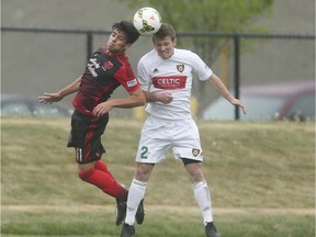 Aryn Toombs/Calgary Herald CALGARY, AB -- June 2, 2015 -- Portland Timbers striker Adrien Perez, left, and Fotthils FC defender Dean Northover double header the ball at Hellard Field in Calgary on Tuesday, June 2, 2015. The Foothills FC led the Portland Timbers, 1-0, at the first half of regular season Premier Development League play.  (Aryn Toombs/Calgary Herald) (For Sports story by NONE) 00065804A SLUG: 0602 Foothills FC vs. Portland