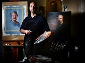 Martinho Correia with some of his paintings he is working on at Artbox in Calgary