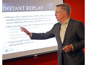 Glen Johnson, CFL senior vice-president (football), conducts media session on rule changes for 2016: what's new; what the league hopes the changes will accomplish at TD Place in Ottawa, April 21, 2016.  Photo by Jean Levac