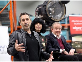Luke Azevedo, Calgary Commissioner for Film, left, Erin O'Connor, General Manager of the Calgary Film Centre, middle, and Paul Bronfman during the media tour of the new Calgary Film Centre in Calgary, Alta., on Thursday, May 19, 2016.