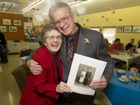 Happy couple Lloyd and Shirley Bettcher celebrate their 65th wedding anniversary during a party at the Inglewood Silver Threads Association in Calgary, Alta., on Saturday, May 14, 2016. The hall was filled with family and friends helping them celebrate.