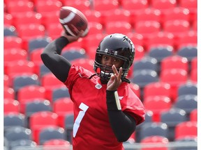 Henry Burris of the Ottawa Redblacks throws during a mini camp at TD Place in Ottawa, April 25, 2016.  Photo by Jean Levac