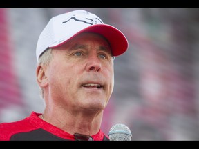 Team president and general manager John Hufnagel speaks during the Calgary Stampeders Fanfest at McMahon Stadium in Calgary, Alta., on Saturday, May 14, 2016. The event featured player autographs, a pancake breakfasts and family games. Lyle Aspinall/Postmedia Network