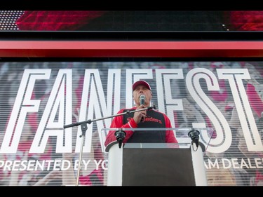 Team president and general manager John Hufnagel speaks during the Calgary Stampeders Fanfest at McMahon Stadium in Calgary, Alta., on Saturday, May 14, 2016. The event featured player autographs, a pancake breakfasts and family games. Lyle Aspinall/Postmedia Network