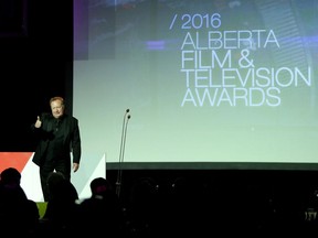 Host Jebb Fink speaks during the Alberta Film and Television Awards at the Hyatt in Calgary.