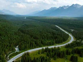 Aerial overview of Highway 93 South in Kootenay National Park.