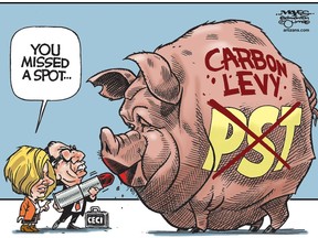 Malcolm Mayes editorial cartoon for Calgary Herald issue of May 26, 2016: NDP carbon tax is actually a sales tax.