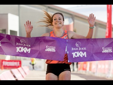 Jessica O'Connell wins the women's 10-km portion of the Calgary Marathon at the Stampede Grounds in Calgary, Alta., on Sunday, May 29, 2016. There were 5k, 10k, 21.1k, 42.2k and 50k distances in the race, including the half-marathon national championships. Lyle Aspinall/Postmedia Network