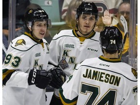 London Knights forward Mitchell Marner, left, celebrates his goal with teammates Matthew Tkachuk, centre, and Aiden Jamieson during second period CHL Memorial Cup hockey action against the Red Deer Rebels in Red Deer, Friday, May 20, 2016