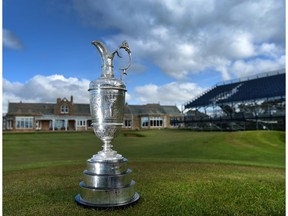 TROON, SCOTLAND - APRIL 26: The Claret Jug in front of The Royal Troon Club House during the Open Championship Media Day at Royal Troon on April 26, 2016 in Troon, Scotland.