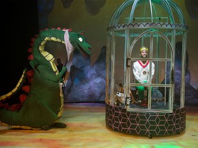 Jeremy Walker as the dragon and Tenaj Williams as Prince Ronald in the Paper Bag Princess.