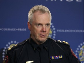 Calgary Police Chief Roger Chaffin speaks to media Thursday March 31, 2016 in Calgary, Alta about an incident where an off duty Police Canine dog bit a 12 yr old boy on Wednesday. The boy suffered puncture wounds. Jim Wells//Postmedia