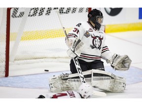 Red Deer Rebels goalie Rylan Toth reacts to letting in a goal during first period CHL Memorial Cup hockey action against the Rouyn-Noranda Huskies in Red Deer, Alta., Sunday, May 22, 2016.