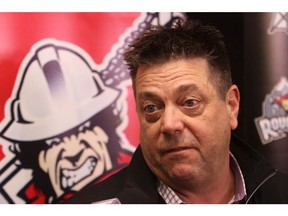 Christina Ryan/ Calgary Herald CALGARY, AB --MAY 21, 2015 -- Calgary Roughnecks general manager Mike Board talks to media before the Edmonton game of the NLL West Division final on Saturday, on May 21, 2015.  (Christina Ryan/Calgary Herald) (For Sports story by Christina Ryan) 00065487A SLUG: 0522 Roughnecks 2