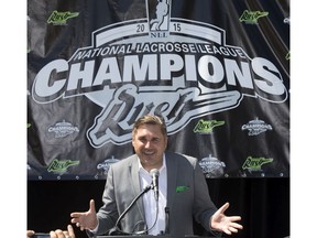 SASKATOON,SK--JULY 21/2015--Edmonton Rush owner  Bruce Urban announces the move of the National Lacrosse League Champions to Saskatoon, Tuesday, July 21, 2015 in a news conference in Saskatoon. (Greg Pender/The StarPhoenix) --- Begin Additional Info --- Saskatchewan Rush owner Bruce Urban officially introduced the team to its new home in Saskatoon at a news conference on Tuesday. ORG XMIT: POS1507211611237561