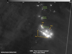 On May 5, 2016 at 3:56 a.m., the Visible Infrared Imaging Radiometer Suite (VIIRS) on Suomi-NPP acquired a night-time image of the Fort McMurray wildfire. In the image, the brightest parts of the fire appear white while smoke appears light gray.