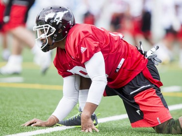 Jamal Nixon warms up on Day 1 of the Calgary Stampeders rookie camp  on Thursday, May 26, 2016.